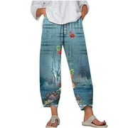 CZHJS Womens Long Palazzo Pants Regular Fit Pants with Pockets Comfy Boho Summer Beach Pants Floral Printing Bohemian Trouser High Waist Hiking Pants for Ladies Blue XXL