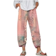 CZHJS Womens Long Palazzo Pants Regular Fit Pants with Pockets Comfy Boho Summer Beach Pants Floral Printing Bohemian Trouser High Waist Hiking Pants for Ladies Pink L