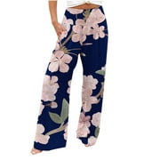CZHJS Womens Summer Beach Pants Bohemian Trouser Floral Pattern Printing Regular Fit Pants Boho Comfy High Waist Long Palazzo Pants Hiking Pants for Ladies Blue XXXL
