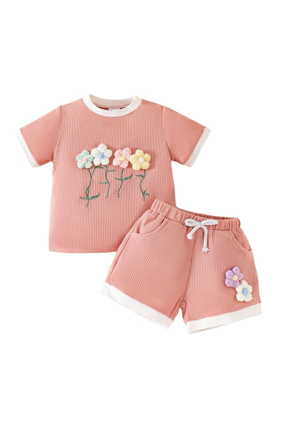 12-18 Month Girl Clothes Toddler Sets For Girls Toddler Baby Girl Outfits Floral Summer Clothes Infant Spring Waffle Short Sleeve Shirt Tops Cute Shorts Set Pink 2-3 Years