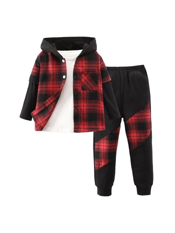 Boys Size 6 Clothes Boys' Clothing Sets Toddler Boys Clothes Plaid Button Down Hooded Shirt + Sweatpants Fall Winter Outfits Set 6-7 Years