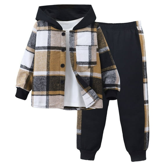 CZHQWE Boys' Clothing Sets Size 6 Boys Clothes Toddler Boy Clothes Plaid Hooded Shirt - 2 Piece Outfit: Button Front Toddler Hoodie & Sweatpants Set Khaki