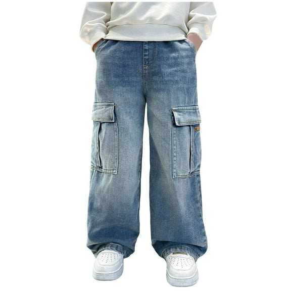 CZHQWE Boys Size 10 Clothes Boys Clothes Size 8 Boys Cargo Baggy Pants Elastic Waist Wide Leg Jeans Casual Demin Pants With Pockets 14-15 Years