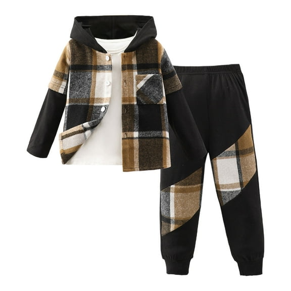 CZHQWE Boys Suits Size 8 4T Boy Clothes Toddler Boys Clothes - Button Plaid Hoodie Jacket & Sweatpants Sets - 2 Pieces Boys Clothes Outfits Khaki 6-7 Years