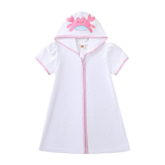 CZHQWE Girls Cover Up Girls Pool Cover Ups Girls Boys Terry Cloth Swim Cover Up Zip Up Hooded Bathing Suit Coverup Wraps Kids Pool Beach Robe Cover-Up 5-6 Years White