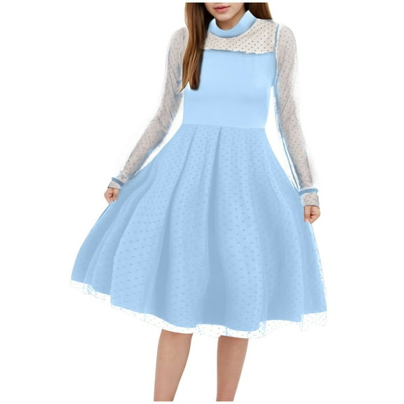 CZHQWE Girls Dress Girls Casual Dresses Girl's Contrast Mesh Puff Long Sleeve High Waist A Line Short Dress Light Blue 10-12 Years