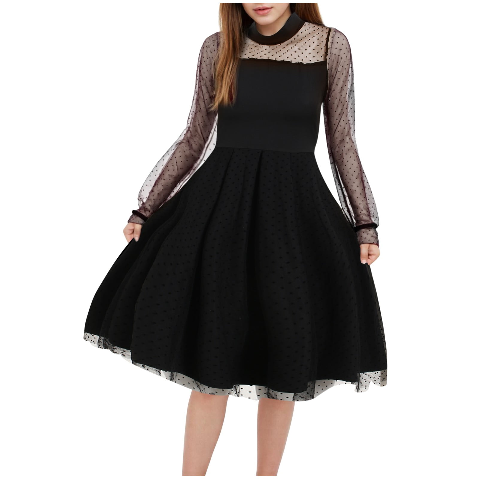 Girl's Contrast Mesh Puff Sleeve Dress – High Waist A-Line Party Dress - View #5