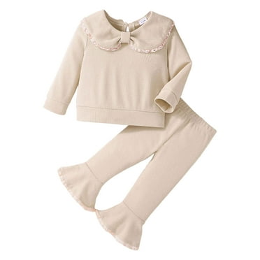 CZHQWE Outfits For Girls Girl Clothes 5T Toddler Girl Clothes Drop Shoulder Top Pullover Pants Fall Winter Outfit Set Beige