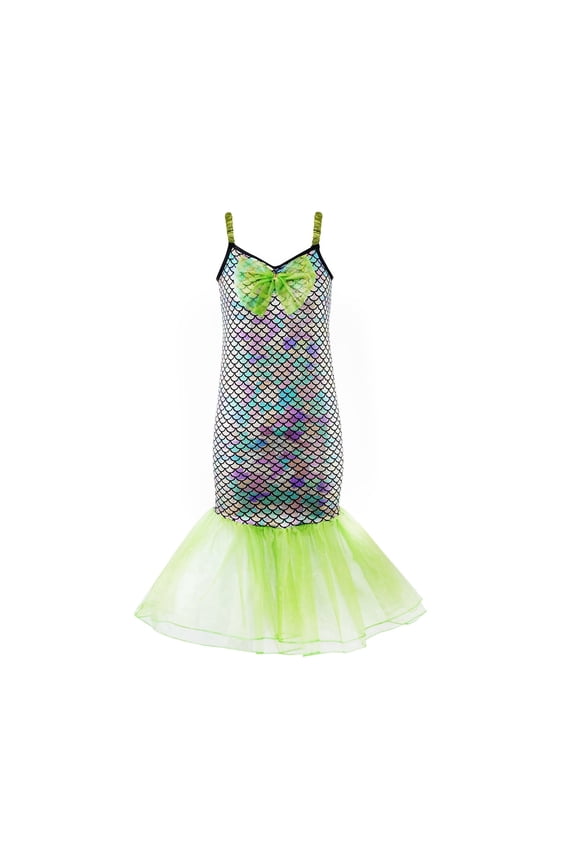 Girls Holographic Scale Mermaid Tail Dress, Ocean Sea Princess Pretend Play Fancy Outfit, Sizes 5-6Y