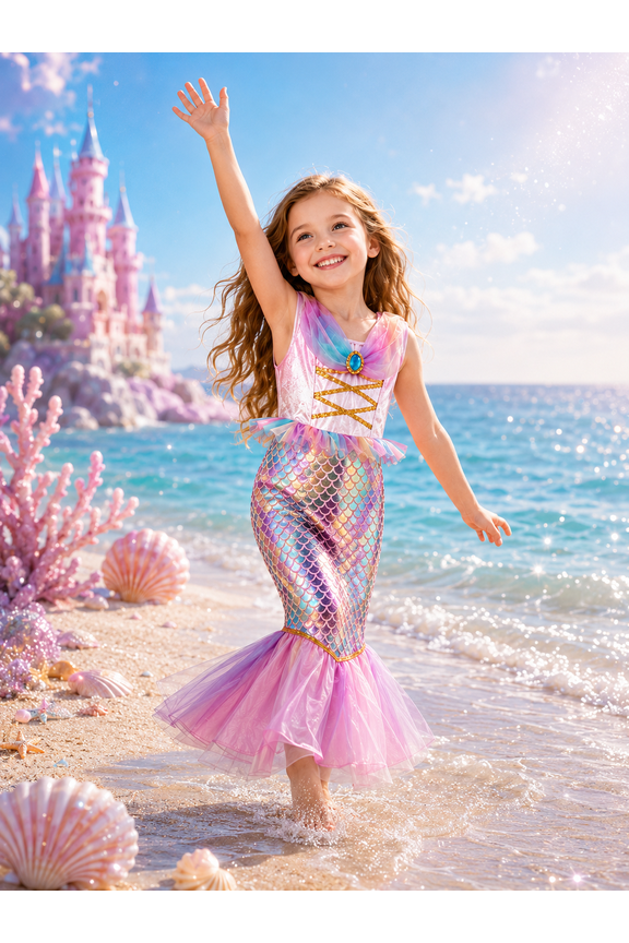Girls Pink Iridescent Scale Mermaid Costume Dress, Underwater Sea Princess Pretend Play Fancy Outfit, Sizes 3-4Y