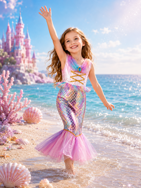 Girls Pink Iridescent Scale Mermaid Costume Dress, Underwater Sea Princess Pretend Play Fancy Outfit, Sizes 7-8Y