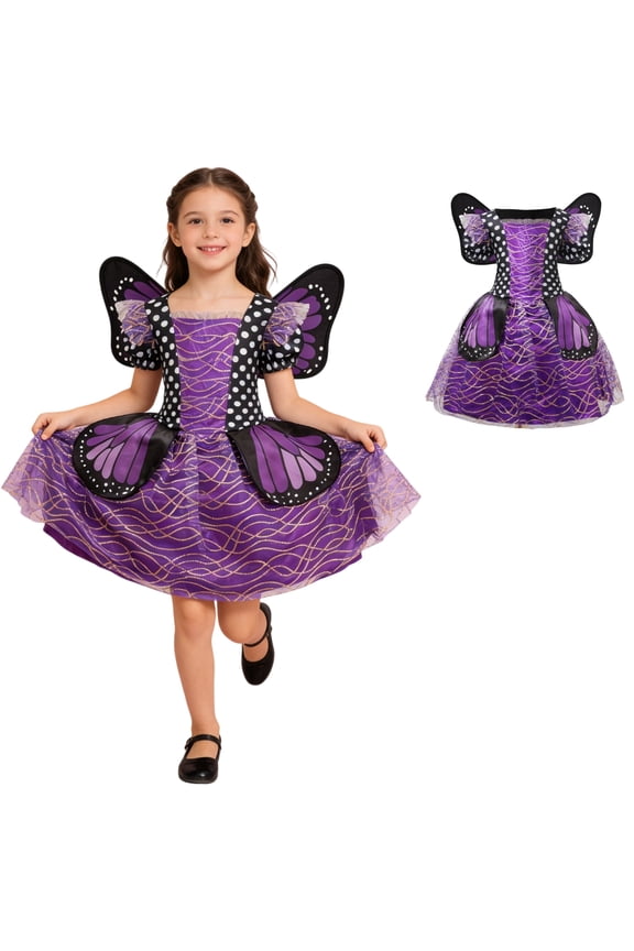 Girls Purple Butterfly Fairy Dress Costume with Wings, Magical Insect Pretend Play Outfit, Sizes 5-6Y