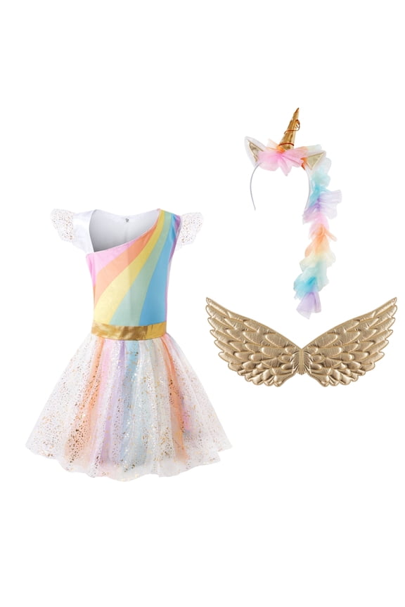 Girls Rainbow Unicorn Tutu Costume Set with Headband & Wings, Kids Princess Dress Up Outfit, Sizes 7-8Y