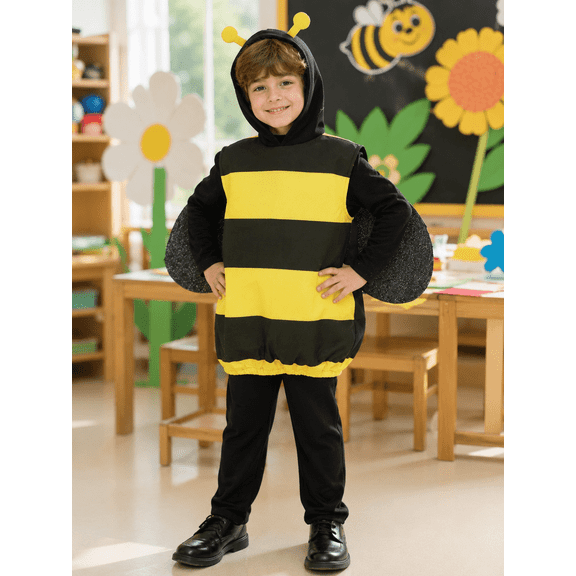 CZKHPTY Kids' Bumble Bee Costume, Black & Yellow Striped Costume with Wings & Antennae for Holiday & Themed Parties, Ages 7-8