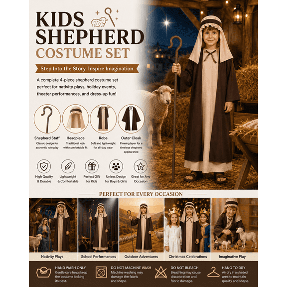 CZKHPTY Kids' Shepherd Costume with Staff, Brown Robe Set for Religious Plays & Holiday Pageants, Ages 3-4