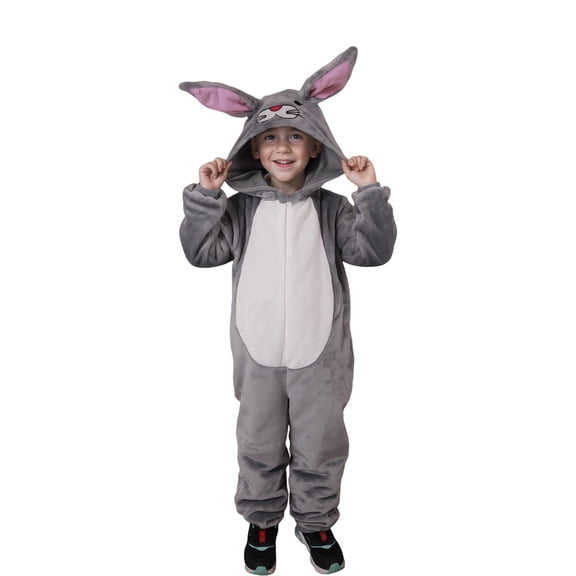 CZKHPTY Kids Grey Bunny Hooded Onesie Costume, Animal Cosplay Soft Plush Jumpsuit, Pretend Play Dress Up Outfit, Sizes 7-8Y