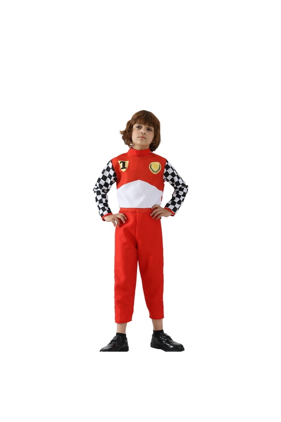 Kids Race Car Driver Costume Set with Hat, Checkered Flag Racing Suit Pretend Play Outfit, Sizes 9-10Y