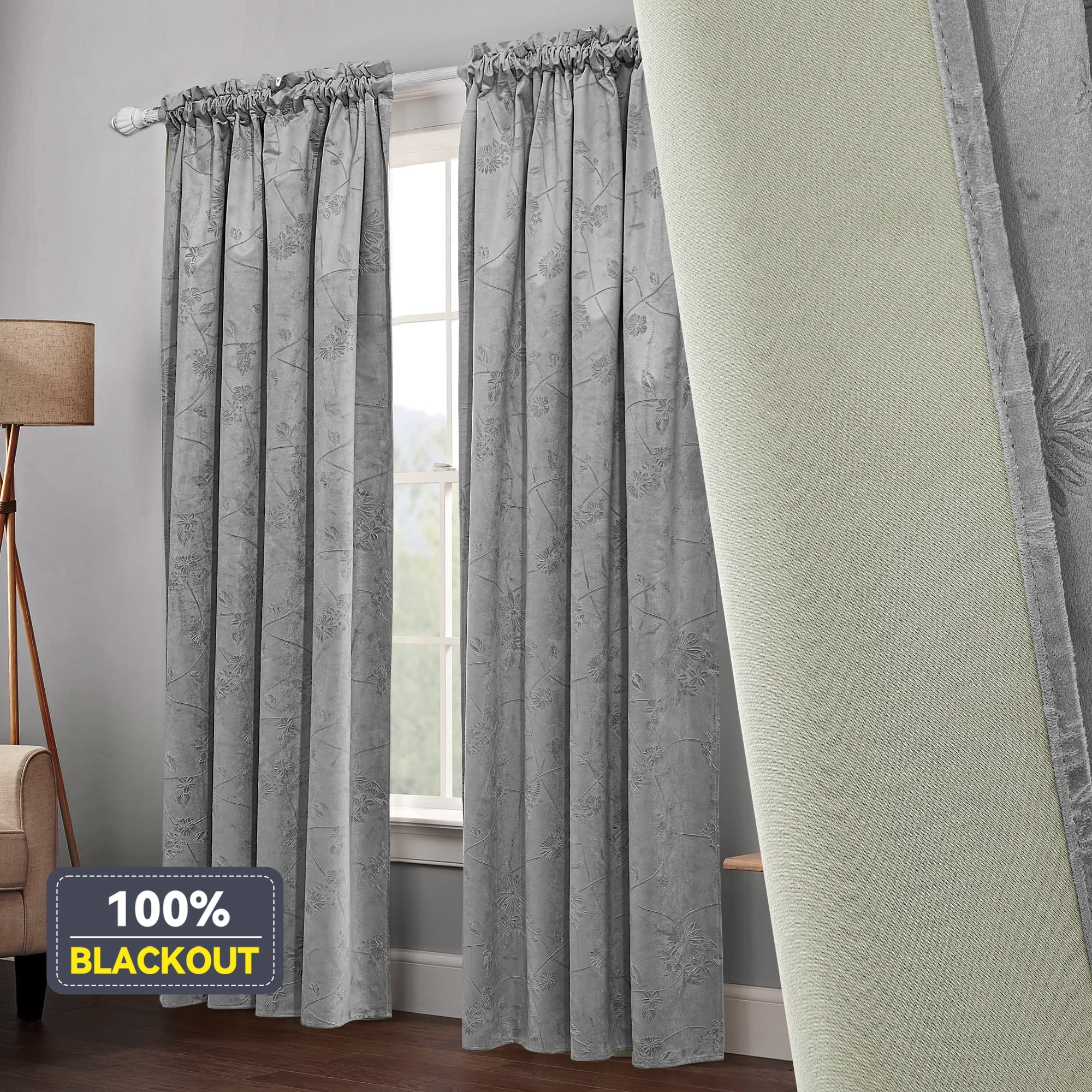 CZL 100 Blackout Curtains, Velvet Floral Embossed Heavy Curtain Rod