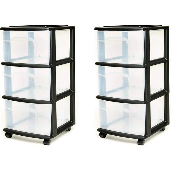 CZMDZH 2-Pack Drawer Tower, 3-Tier Clear Plastic Storage Organizer Cart, Black Frame - Organizing Containers with Wheels for Home, Bathroom, Bedroom, Office, and Classroom,Black,2 Pack