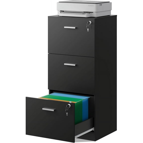 CZMDZH 3 Drawer File Cabinet with Lock, Vertical Wood Filing Cabinet for Home Office, Printer Stand for Letter and A4 Size, Black,3 Drawer