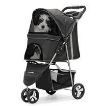 CZMDZH 3-Wheel Foldable Dog Stroller with Weather Cover, Storage Basket & Cup Holderss - Lightweight Pet Stroller for Small/Medium Dogs & Cats,Black