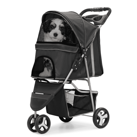 CZMDZH 3-Wheel Foldable Dog Stroller with Weather Cover, Storage Basket & Cup Holderss - Lightweight Pet Stroller for Small/Medium Dogs & Cats,Black