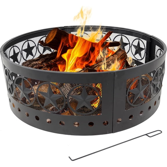 CZMDZH 36-Inch Outdoor Fire Pit Ring with Poker - Round Heavy-Duty Steel Fire Ring for Camping or Backyard - 4-Star - 12" H