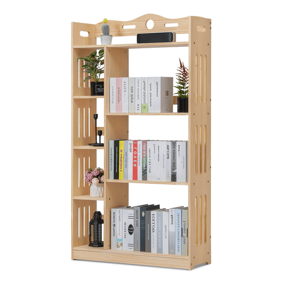 CZMDZH 4-Tier Wooden Bookcase, Tall Narrow Bookshelf Staggered Wood Bookcase, Narrow Bookcase Modern Freestanding Open Book Shelves Shelving Unit Display Shelf