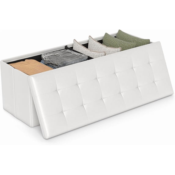 CZMDZH 43 Inches Folding Storage Ottoman Bench, Upholstered PU Leather Storage Chest with Side Pocket, Padded Seat, End of Bed Bench, White