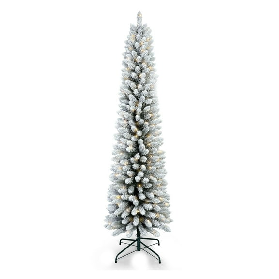 CZMDZH 6ft Pre-Lit Flocked Pencil Artificial Christmas Tree, Slim Space-Saving Xmas Tree for Small Space, Snowy Narrow Decor for Home Office Apartment Corner