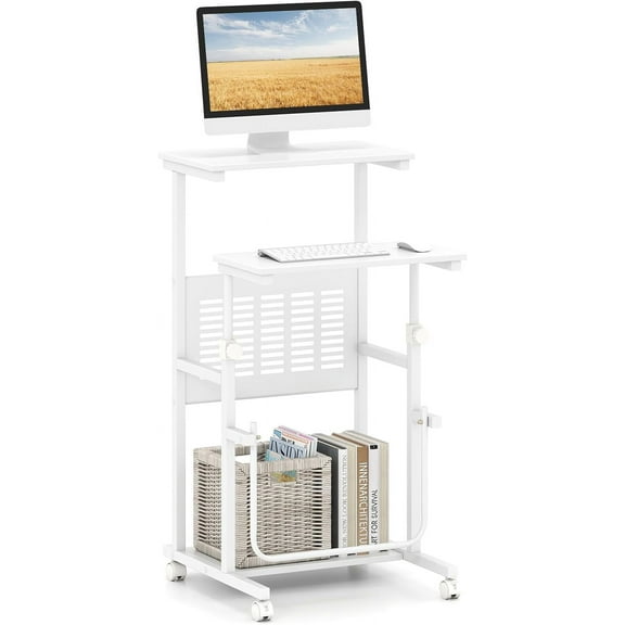 CZMDZH Adjustable Standing Desk, Mobile Rolling Computer Desk with Storage Shelf, Portable Laptop Table with Footrest, Mesh Panel, Lockable Wheels, Sit Stand Workstation for Home Office,White