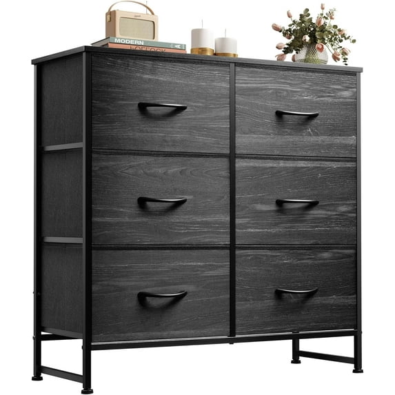 CZMDZH Black Dresser for Bedroom, 6 Drawer Double Dresser, Fabric Storage Tower with Fabric Bins, Chest of Drawers for Closet, Living Room, Hallway