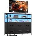 thumbnail image 1 of CZMDZH Black TV Stand for 40, 45 inch TV, Entertainment Center with LED Lights & Charging Station, TV Media Console Table with 6 Fabric Drawers and Open Shelves for Living Room, Hallway, Wood Top, 1 of 16