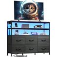 thumbnail image 1 of CZMDZH Black TV Stand for 40, 45 inch TV, Entertainment Center with LED Lights & Charging Station, TV Media Console Table with 6 Fabric Drawers and Open Shelves for Living Room, Hallway, Wood Top, 1 of 16