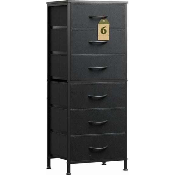 CZMDZH Black Tall Dresser for Bedroom, 6 Drawer Dressers & Chests of Drawers, Fabric Dresser for Closet, Living Room, Night Stand with Metal Frame, Storage Tower with Fabric Bins, Wood Top