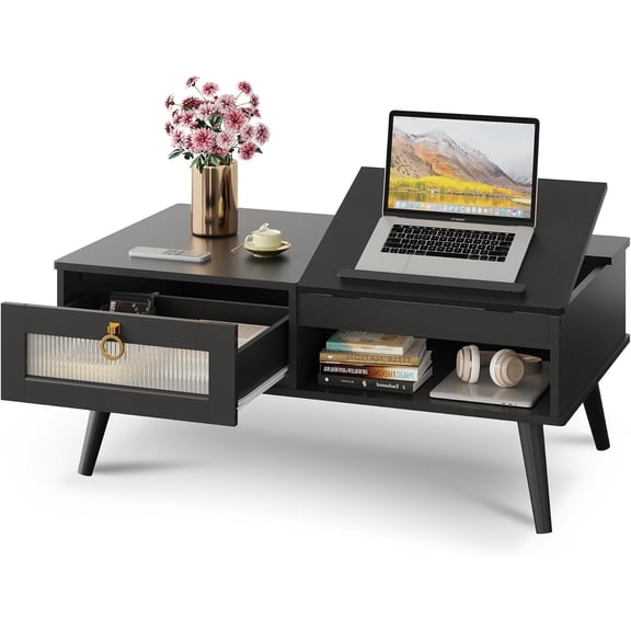 CZMDZH Coffee Table, Lift Top Coffee Table with Storage Shelf, Drawer, Height Adjustable and Tilting Tabletop for Living Room, Mid Century Modern, Wood, Black