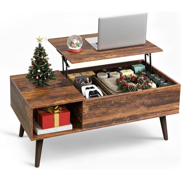 CZMDZH Coffee Table for Living Room, Lift Top Coffee Table with Storage, Small Rising Wooden Dining Center Table with Storage Shelf & Hidden Compartment, 39" Rustic Brown