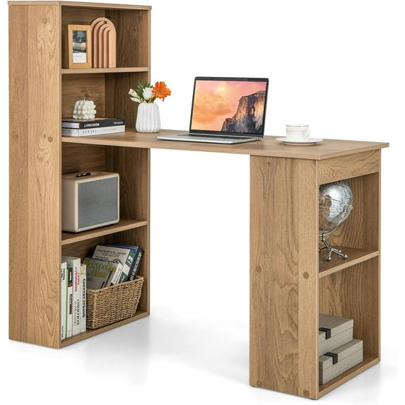 CZMDZH Computer Desk with Bookshelf, Writing Study Desk with Storage Shelves & CPU Stand, Modern Compact Computer Workstation for Home & Office, Space-Saving Design(Natural)