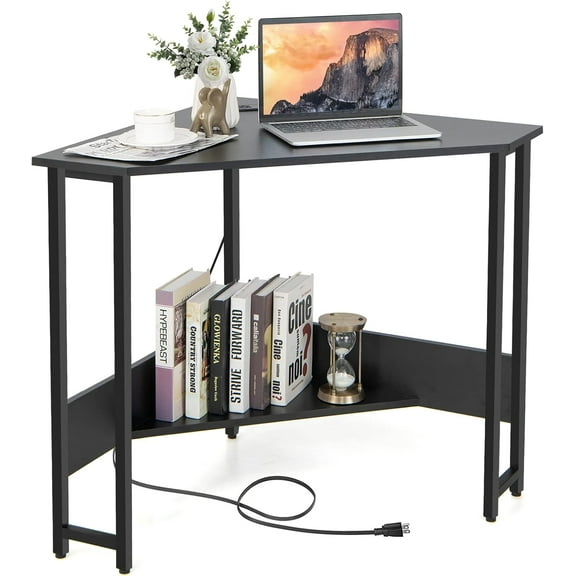 CZMDZH Corner Desk with Power Outlet & USB Ports, Triangle Computer Desk with Charging Station, Storage Shelf, Space Saving Writing Desk, Vanity Table, Corner Desk for Small Space (Black)