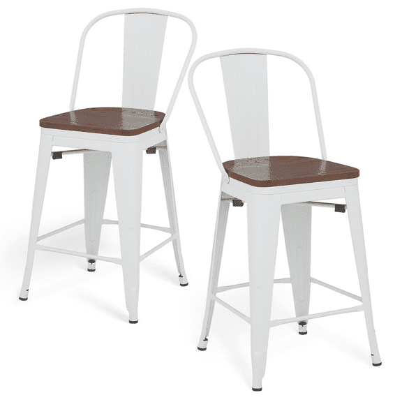 CZMDZH Counter Height Chairs High Back Bar Stools Set of 2, Farmhouse Wooden Seat Metal Frame Barstools Bar Dining Chairs with Footrest for Pub, Bistro, Kitchen