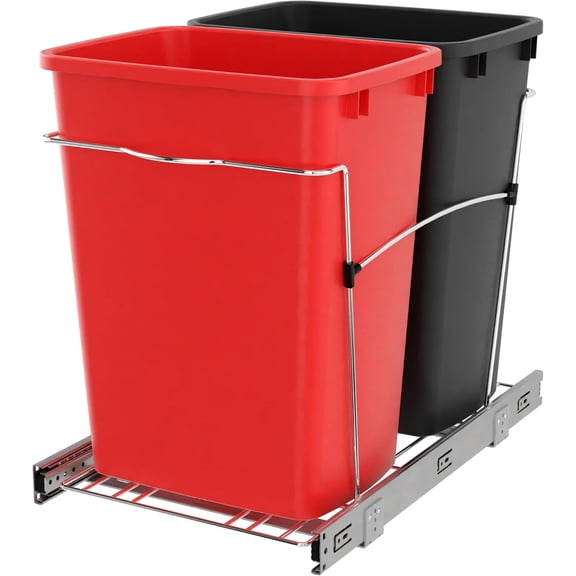 CZMDZH Double 35-Quart Sliding Pull Out Waste Bin Container, Kitchen Trash Can Under Cabinet Dual Trash Can Under Sink for Home Base Kitchen Cabinet,Red & Black