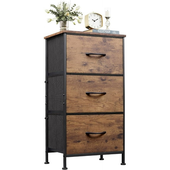 CZMDZH Dresser with 3 Drawers, Fabric Nightstand, Organizer Storage Dresser for Bedroom, Hallway, Entryway, Closets, Sturdy Steel Frame, Wood Top, Easy Pull Handle, Rustic Brown Wood Grain Print