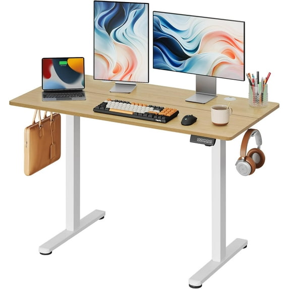 CZMDZH Electric Standing Desk, 48 X 24 Inches Adjustable Height Stand up Desk for Home Office, Ergonomic Sit to Stand Desk with Headphone Hook, 3 Memory Preset Computer Desk, Maple