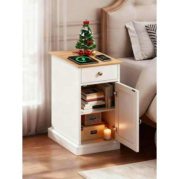 CZMDZH End Table with Charging Station, Narrow Side Table for Living Room, Farmhouse Night Stand with Storage Drawer, Small Wooden Nightstand with Concealed Outlets, White