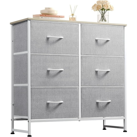 CZMDZH Fabric Dresser for Bedroom, 6 Drawer Double Dresser, Storage Tower with Fabric Bins, Chest of Drawers for Closet, Living Room, Hallway, Light Grey