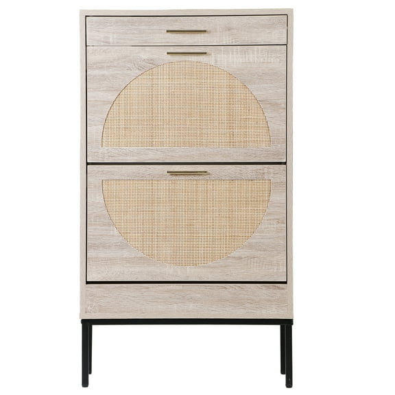 CZMDZH Freestanding Wooden Shoe Cabinet with 2 Flip Drawers, Entryway Hallway Natural Rattan Weave Shoe Rack Storage Organizer for Sneakers, Leather Shoes, Heels, Slippers