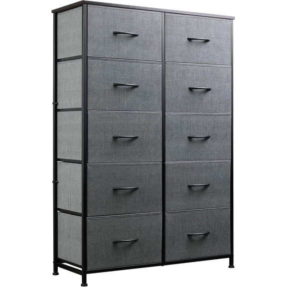 CZMDZH Grey Dresser for Bedroom with 10 Fabric Drawers, Tall Organizer Units for Living Room, Clothing, Closet, Storage Tower with Cabinet, Metal Frame, Wooden Top, Furniture