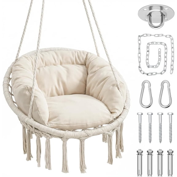 CZMDZH Hammock Chair Hanging Swing Chair with Large Thick Cushions, Outdoor Hanging Chair with Macrame Cotton Rope for Indoor, Outdoor, Bedroom, Balcony, Holds 350 Lbs, White