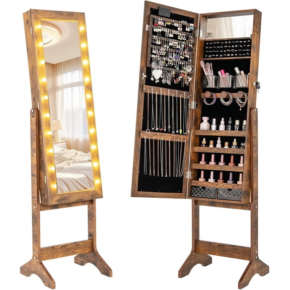 CZMDZH Jewelry Cabinet with Full Length Mirror and Warm Lights, Lockable Jewelry Armoire with Storage, 4 Tilt Angles, Standing Jewelry Organizer with Makeup Mirror for Girls Bedroom (Rustic Brown)