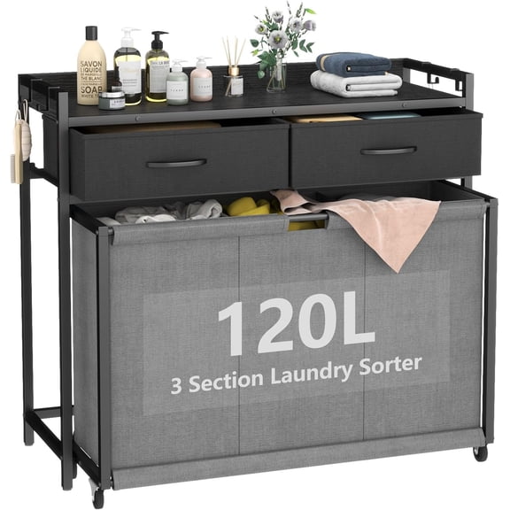 CZMDZH Laundry Hamper Laundry Basket with 3 Section Pull-Out Rolling Bags, Laundry Sorter for Organization and Storage with 2 Pull-Out Drawers for Laundry Room, Bathroom (Black)